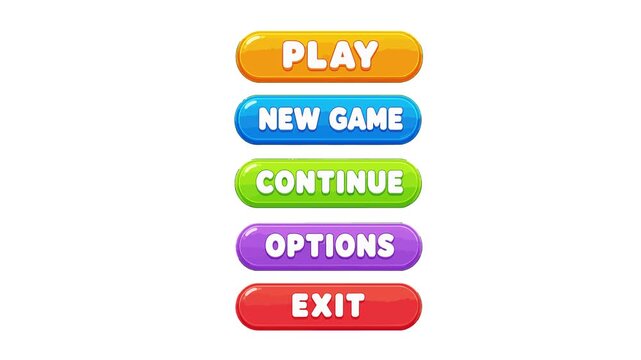 Game menu animated colorful oval UI buttons list clicking sequence 4k isolated white background