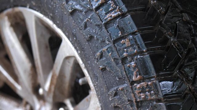 High Pressure Water Cleaning Muddy Off Road Tire Close Up