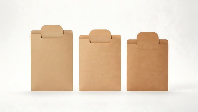 Three isolated brown recycled paper envelopes for mailing and business document storage
