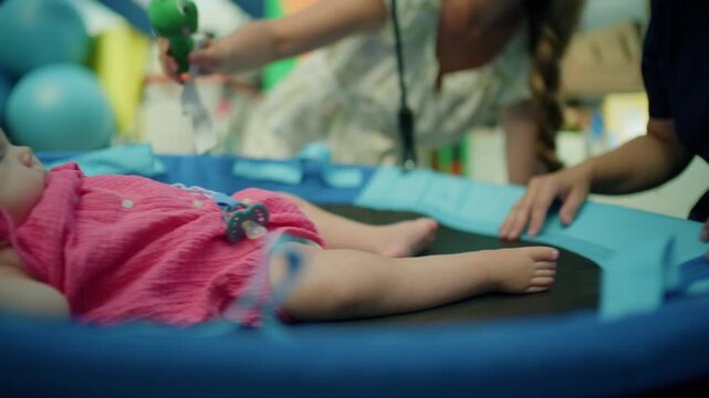 Baby girl in a therapy swing, engaging in sensory integration exercises for physical and occupational development