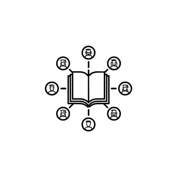 Education network and online learning open book with students line icon vector illustration