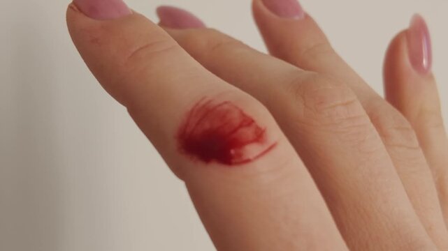 Deep bleeding laceration on woman finger illustrating pain, first aid treatment
