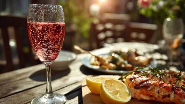 Close-up stock photo of a summer lunch setup outdoors. A glass of ros wine with condensation droplets stands beside a serving of grilled seafood and lemon wedges. The table is set on a wooden patio.