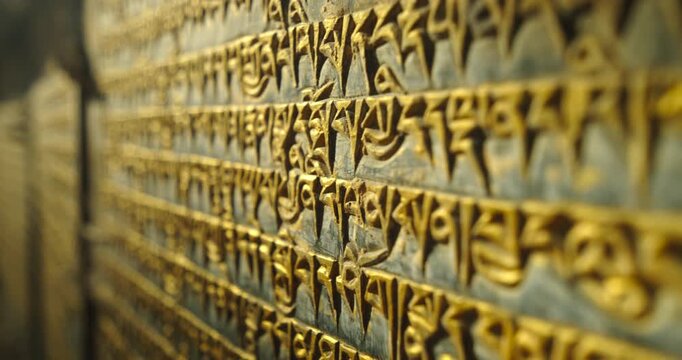 Annapurna Circuit, Manang, Nepal, drone glide across sacred stone wall carved with golden Buddhist mantra scriptures.