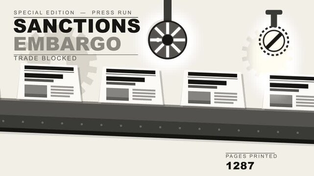 Retro newspaper printing press concept sanctions embargo politics economy blockade news animation footage