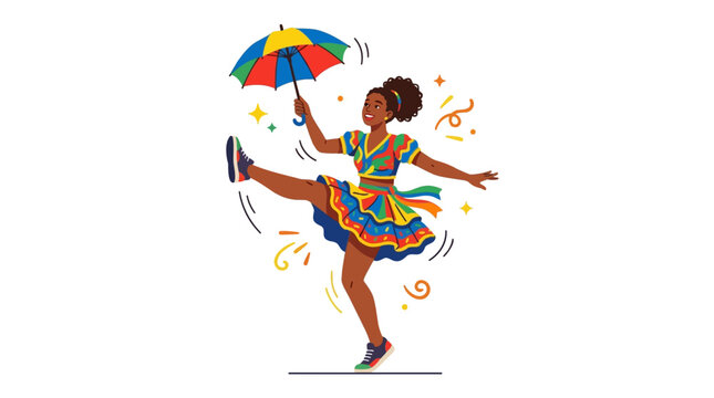 A woman wearing a colorful two-piece outfit performs a characteristic dance move while holding a colorful *frevo* parasol.