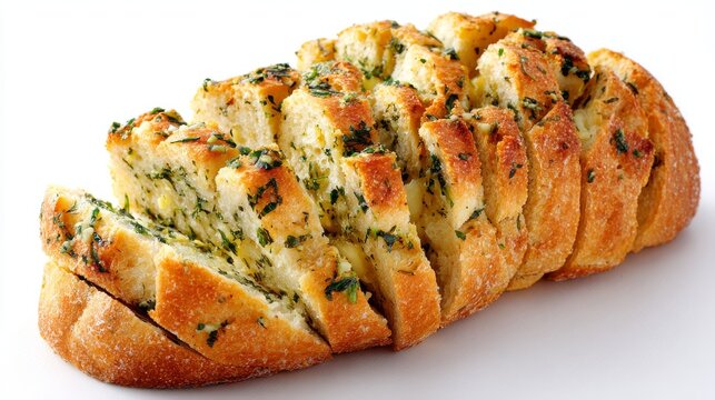 A whole loaf of garlic bread that has been sliced but kept together, isolated on a white background. The cuts reveal the butter and herb filling. The crust is rustic and floury. Soft contact shadows