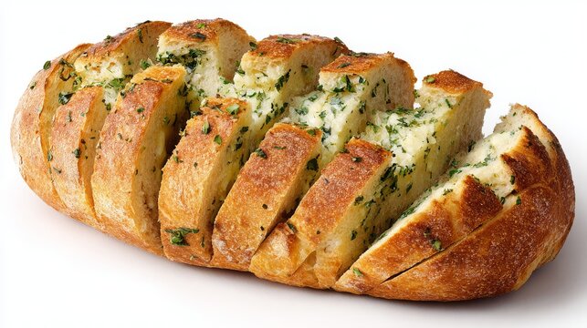 A whole loaf of garlic bread that has been sliced but kept together, isolated on a white background. The cuts reveal the butter and herb filling. The crust is rustic and floury. Soft contact shadows