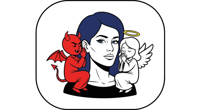 Woman with angel whispering good and devil tempting bad choices