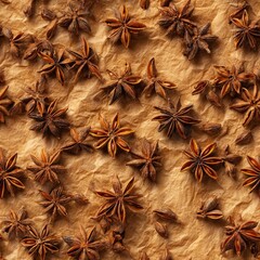 Obraz premium Overhead flat lay stock photography. A dense, repeating pattern of whole and broken dried star anise pods scattered across textured brown parchment paper. Close-up details show the woody texture and
