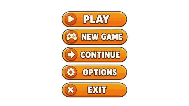 Game menu animated orange UI buttons with icons clicking sequence 4k isolated white background