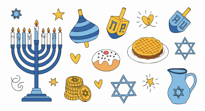 Hand-drawn Hanukkah illustration set featuring a menorah, dreidels, sufganiyot, and religious symbols in blue and yellow.