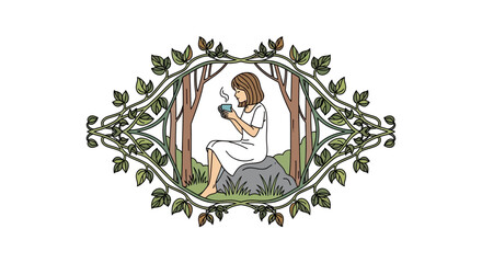 Fototapeta premium Woman enjoying warm drink in serene forest frame