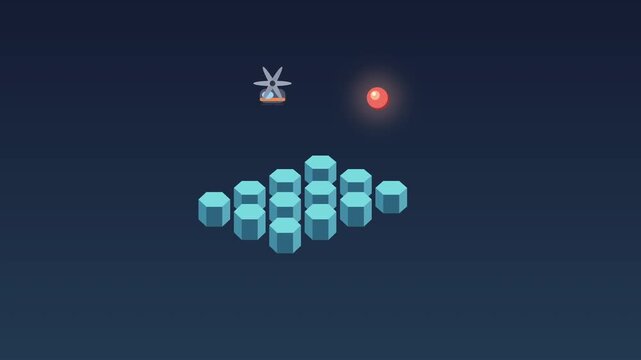 Funny 3d loop animation, flying motor with propeller chases colored sphere along hexagonal columns, dark background, motion graphic