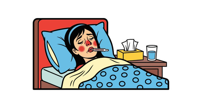 Woman Feels Ill in Bed, Suffering From Cold and Fever
