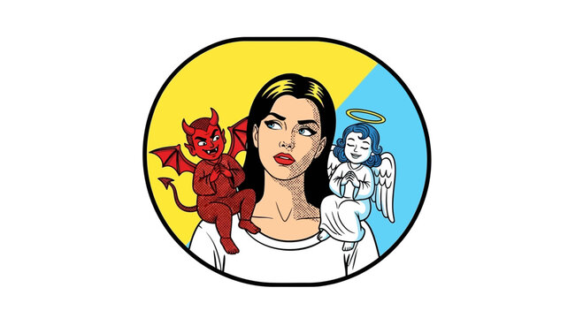 Woman choosing between angel and devil on shoulders, pop art style