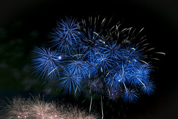 Fototapeta premium Vivid blue explosions light up the dark sky as people gather in excitement, celebrating with joy and wonder at the annual fireworks display