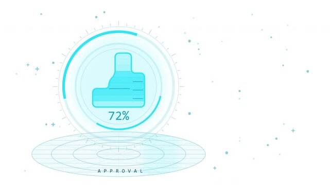 Futuristic thumbs up hologram symbol with progress indicator on digital background, social media like approval success