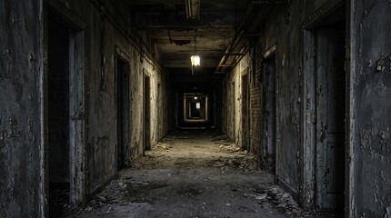 Fototapeta premium Abandoned hallway in derelict building, spooky dark corridor with peeling paint, eerie industrial ruins with dim light