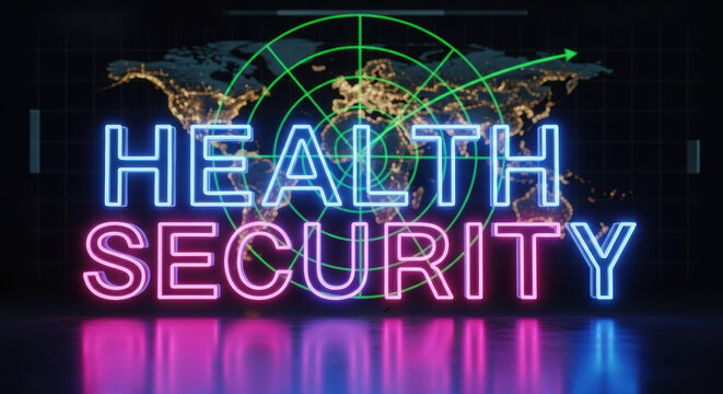 Health security concept with global map radar highlights geopolitical risk assessment in healthcare protection and worldwide safety