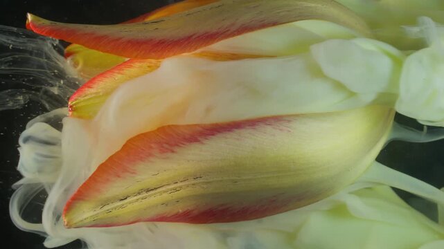Vertical video. Nature paint. Cloud ink. Defocused yellow red color water drop texture tulip flower plant on abstract creative background.