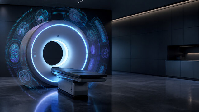 Modern MRI scanner machine with glowing digital brain interface in a dark hospital room. Medical technology, healthcare, and advanced diagnostic imaging concept with futuristic blue light.