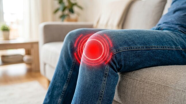 Person Sitting on Sofa with Chronic Knee Pain and Joint Inflammation
