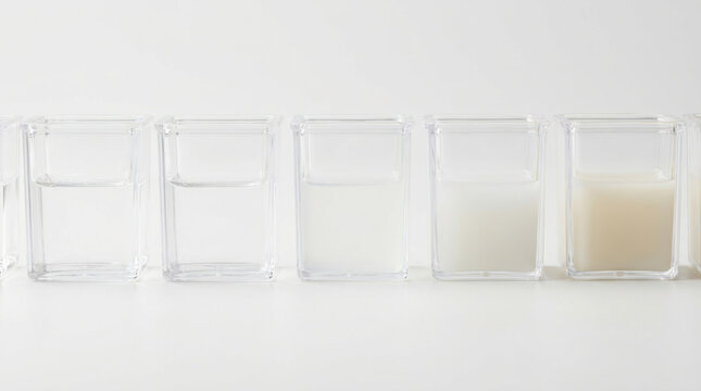 Milk in transparent glass containers arranged in row showing different levels of opacity and color with antimicrobial resistance testing concept