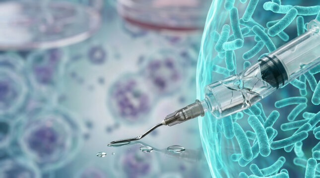 Antimicrobial resistance testing concept with syringe and bacteria showing challenge of infection control and medical research progress