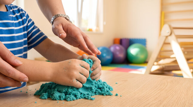 Child and adult hands playing with blue kinetic sand for sensory play