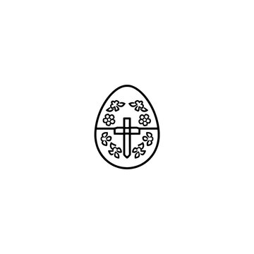 Decorated Easter egg with Christian cross and floral ornaments line vector illustration
