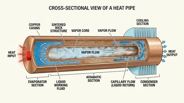 Cross sectional electric drivetrain research diagram showing heat pipe vapor flow copper casing evaporator and condenser section for thermal