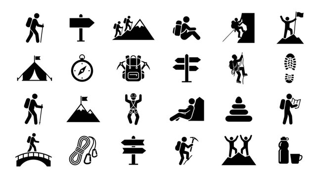 Black symbols representing hiking and outdoor exploration featuring people walking with backpacks compass tents and mountain climbing gear for design projects and recreational information