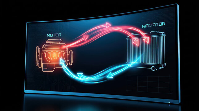 Electric drivetrain research diagram showing motor and radiator with glowing energy flow arrows on dark digital display