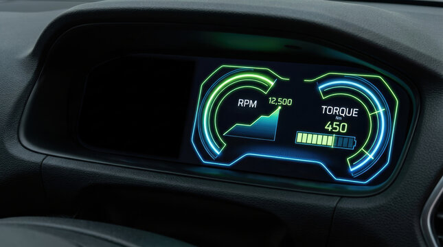 Electric drivetrain research display showing vehicle performance data with glowing digital gauge and torque readout