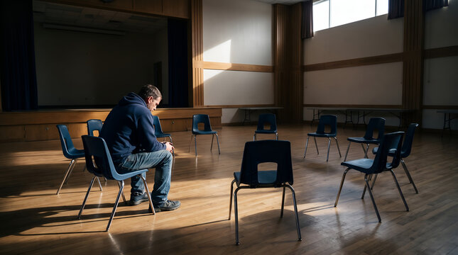 Man sitting alone in a circle of empty chairs in a large hall