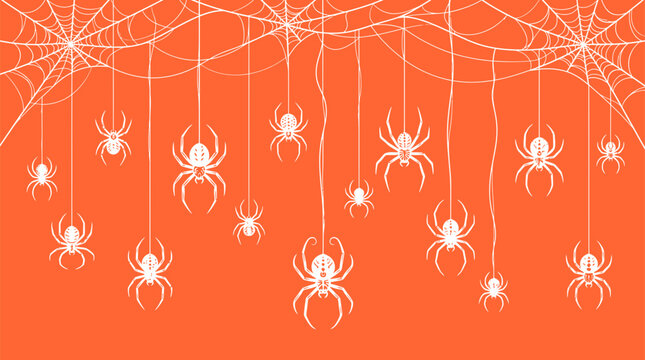 Spooky halloween celebration banner featuring hanging spiders and sticky webs across a vibrant orange surface creating an eerie atmosphere for seasonal festival party invitations and holiday