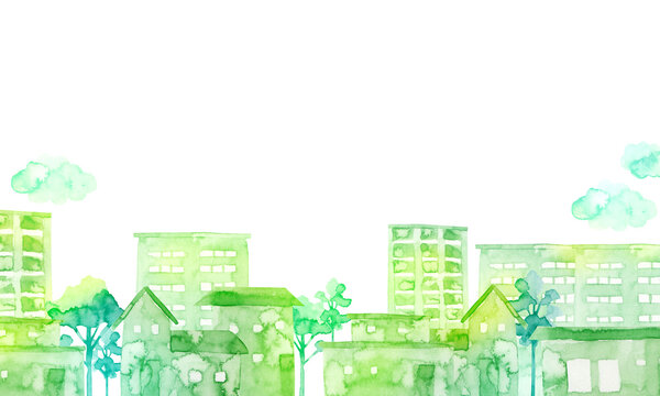 街並み 緑 カラフル　背景 風景　水彩 イラスト