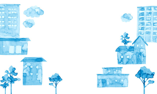 家 住宅 青 水色 　背景 フレーム　水彩 イラスト