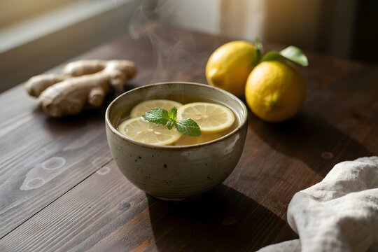 Warming bowl of steaming hot lemon and ginger tea with fresh mint and lemon slices, served on a rustic wooden table with whole ginger root and lemons nearby.
