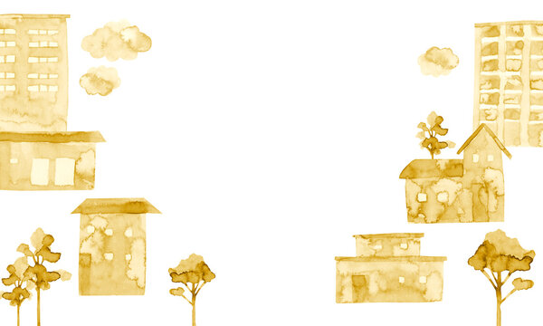 家 住宅 黄色　背景 フレーム　水彩 イラスト