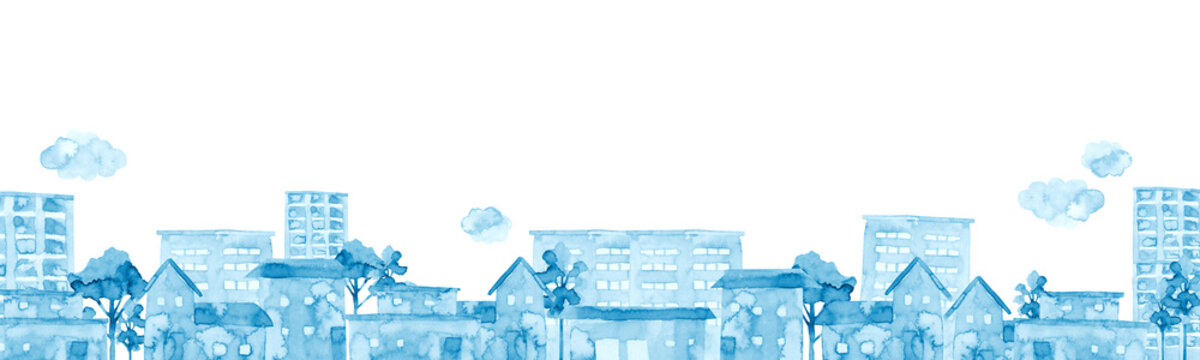 街並み 青 水色　背景 風景 横長　水彩 イラスト