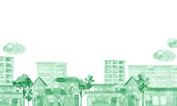 街並み 緑　背景 風景　水彩 イラスト