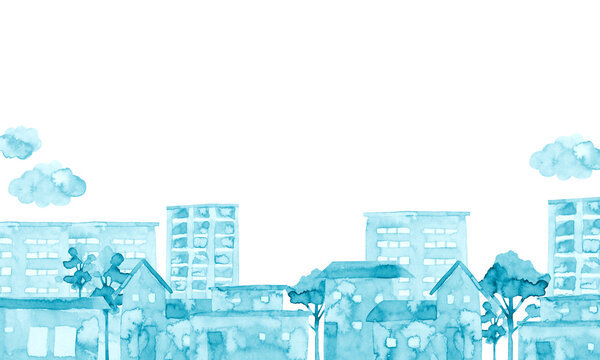 街並み 青 水色　背景 風景　水彩 イラスト