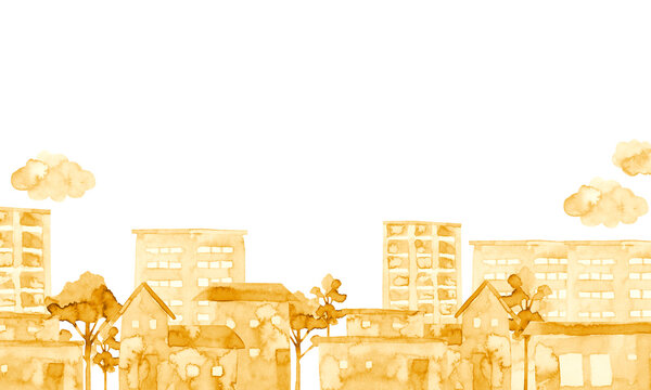 街並み 黄色 オレンジ色　背景 風景　水彩 イラスト