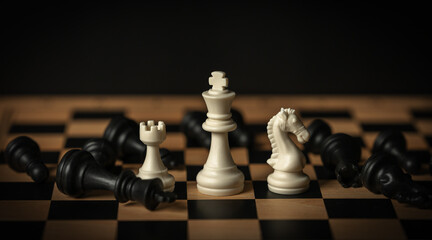 white chess (king, knight, rook) surrounded by fallen black pieces on wooden board © geargodz