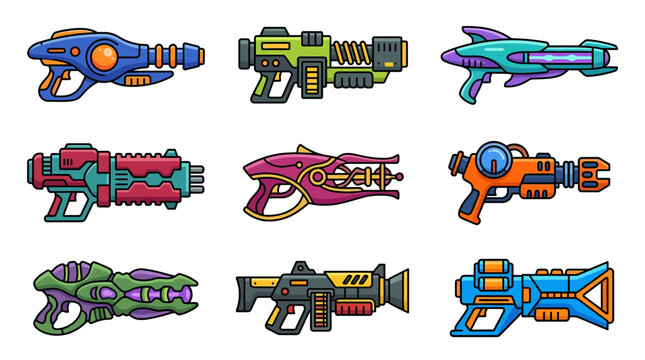 Futuristic laser gun and blaster weapon icons.