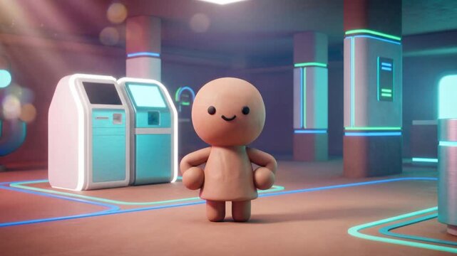 スマート薬局のヘルスケアステーションで前傾姿勢から直立する可愛いクレイマスコットの3Dアニメーション