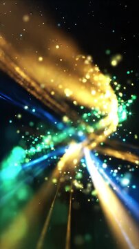Abstract motion background with glowing light particle trail in green gold and blue, dark space, blue and gold light streaks, glowing star field, dynamic radiant energy, digital energy, spark effect