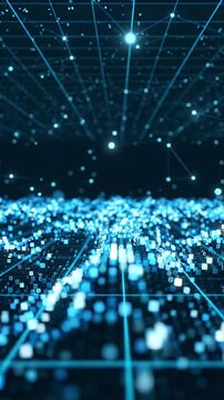Abstract Motion Background of Blue Digital Data Grid with Glowing Node and Stream Lines, Futuristic Technology Texture, Digital Network with Glowing Blue Particle Grid, Data Lines Creating Depth